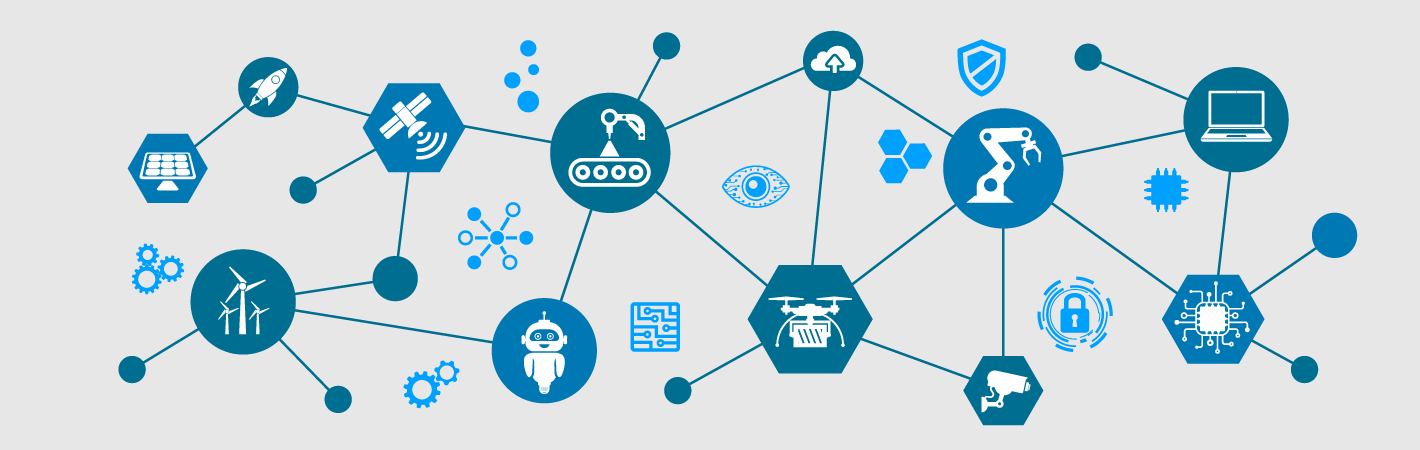 Grafik zum Digitalen Wandel (Icons zu Robotern, Künstlicher Intelligenz, Clouds, Verschlüsselung)